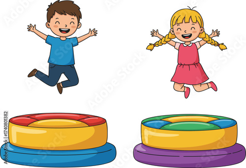 Happy children jumping high on inflatable bounce houses, a smiling boy and girl enjoying a fun, energetic playtime activity.