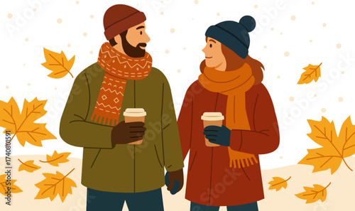 Vector illustration of a couple in warm clothes holding takeaway coffee cups, surrounded by falling autumn leaves and snow. Cozy seasonal flat design for autumn and winter mood concepts.