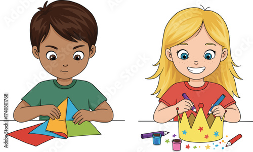 Creative children crafting and playing, a young boy folding origami while a girl tries on a colorful crown.