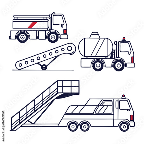 Illustration of airport ground support equipment including a fuel truck and passenger stairs vector art in outline style