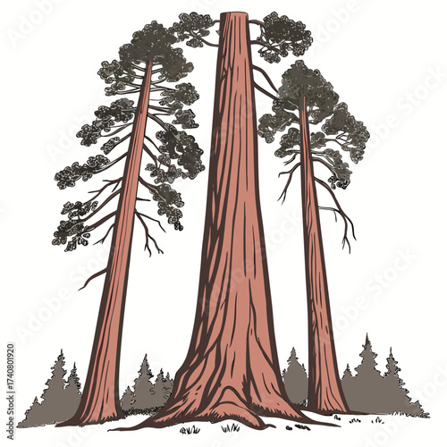Illustration of three giant sequoia trees, showcasing their massive trunks and evergreen foliage in a stylized, handdrawn design