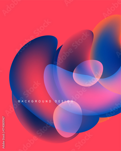 Abstract shapes overlap, creating vibrant color blends. Pink background complements blue, purple hues. Modern design element.