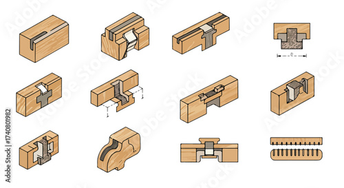 Wood Joinery Joints Vector Line Art Set, Carpentry Cross‑Section Isometric Diagram