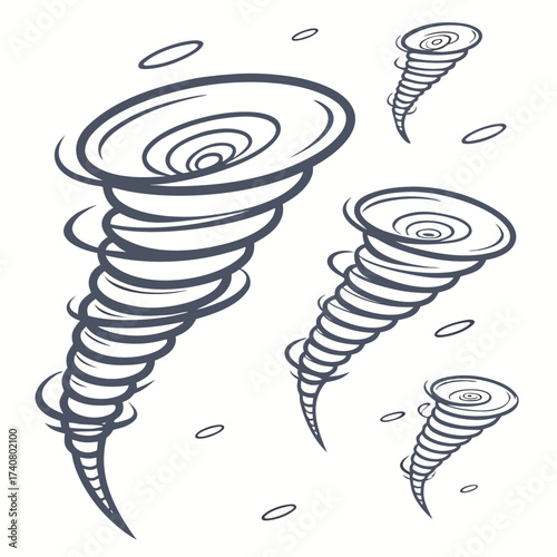 Vector art of a dynamic illustration of multiple tornadoes swirling against a white backdrop, capturing the raw power and unpredictable nature of severe weather events