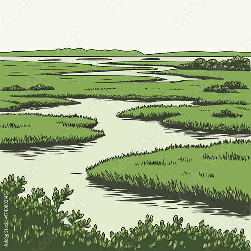 Vector art of a picturesque marshland scene with winding waterways, lush green vegetation, and distant hills, capturing the beauty of nature
