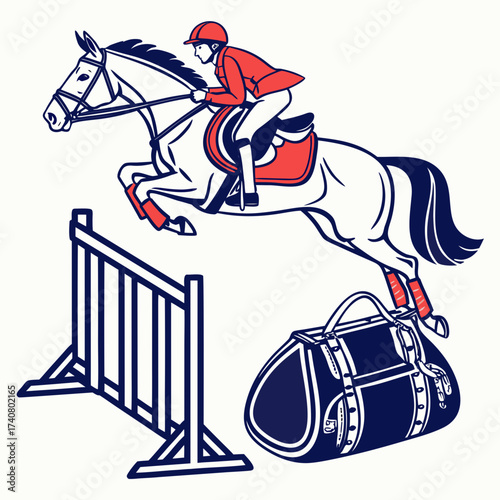 Vector art of a horse and rider jumping over a fence with a duffel bag, showcasing equestrian sport and travel in a stylish illustration