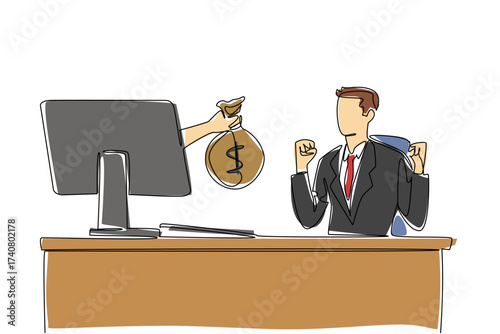 Single continuous line drawing hands out of the monitor screen while holding a money bag. An active businessman with big profits. Smart worker. Things from Screen. One line design vector illustration