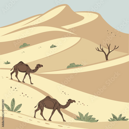 Vector art of a serene desert landscape featuring majestic sand dunes and camels gracefully traversing the terrain, capturing the essence of adventure, tranquility, and natural beauty