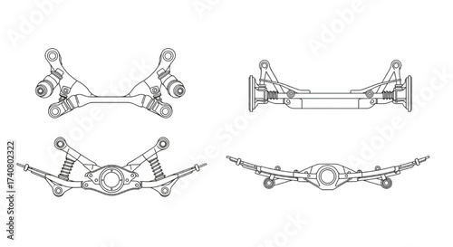 Car Suspension Axle Assemblies Vector Line Art Set, Front Rear Control Arm Strut Leaf Spring Diagram