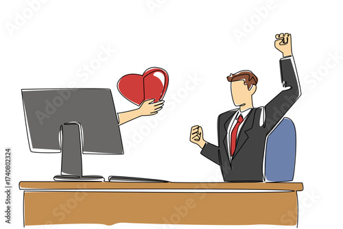 Single one line drawing hands out of the monitor screen while holding a love. The joy of online dating. Get the expected heart. Romance. Things from Screen. Continuous line design graphic illustration