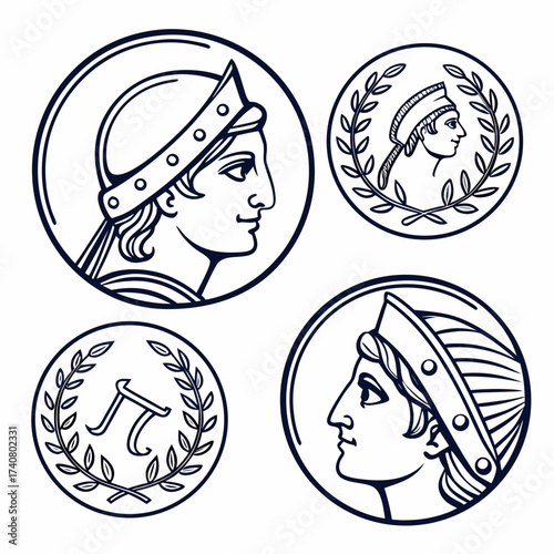 Vector art of ancient greek coin collection woman portrait with laurel wreath in a flat design style vector illustration of different coins