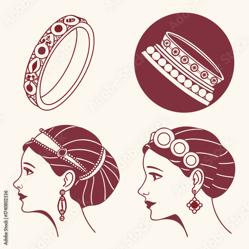 Vector art of ancient greek jewelry and accessories collection ring and woman portrait with earrings in a flat design style vector illustration