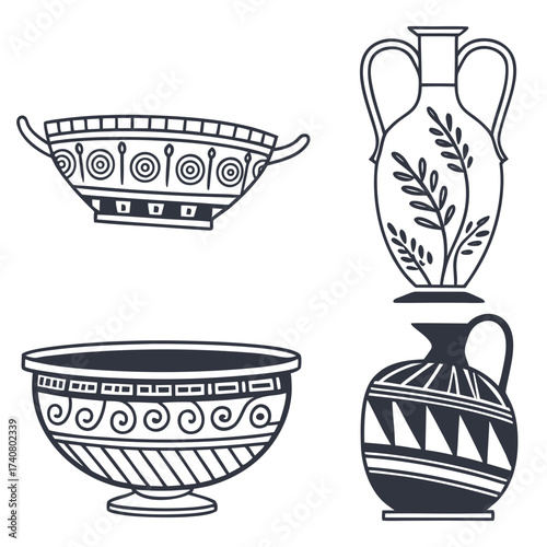 Vector art of ancient greek pottery vector illustration set of antique vases and bowls with traditional ornaments, classic decorative design
