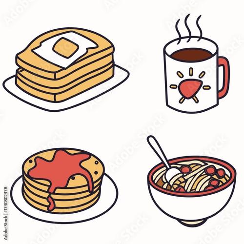 Vector art of breakfast food doodle, vector illustration of breakfast food such as pancake, toast, cereal and coffee for design, graphic element