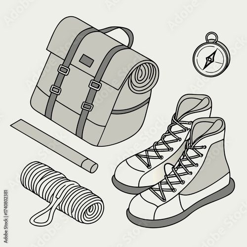 Vector art of camping essentials backpack, hiking boots, compass, rope, and ruler for outdoor adventures and wilderness exploration, perfect for camping trip