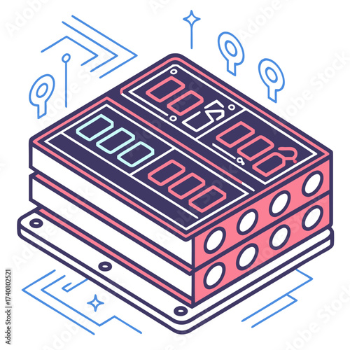 Vector art of isometric illustration of a digital counter with glowing numbers and intricate circuit details, representing technology and data processing