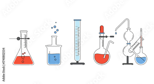 Chemistry Laboratory Glassware Vector Line Art Icons Set, Beaker Flask Graduated Cylinder Distillation