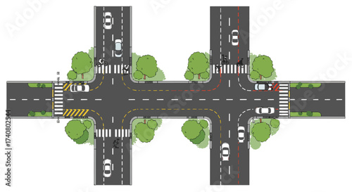 Urban Street Intersection Map Top View, Crosswalk Traffic Lanes Vector Line Art