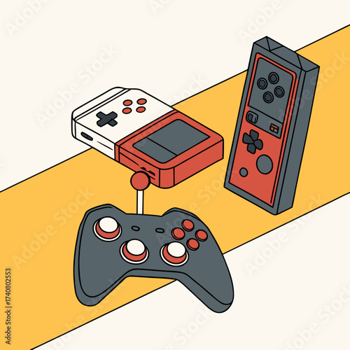 Vector art of isometric illustration of retro gaming consoles and controller on a yellow background, showcasing vintage video game technology in a modern, stylized design