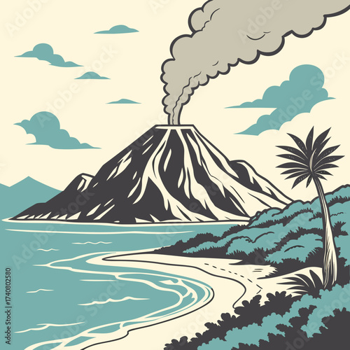 Vector art of retro illustration of a tropical island with a volcano erupting, palm trees, and a beach, evoking a vintage travel poster aesthetic and a sense of adventure