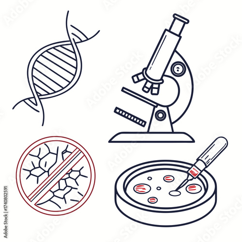 Vector art of scientific research tools including dna, microscope, petri dish, and antibacterial test