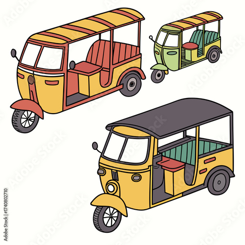 Vector art of three hand drawn tuktuks, each with a unique color scheme, are, capturing the essence of southeast asian transportation