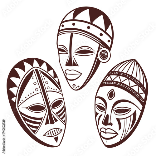Vector art of three monochrome african masks, showcasing traditional tribal art and cultural heritage with intricate designs and monochrome colors