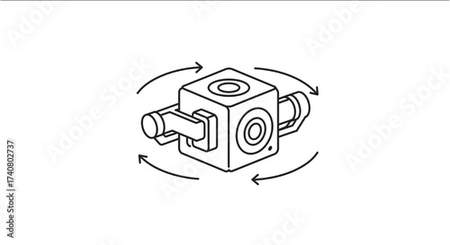 360 Camera Cube Icon, VR Panoramic Action Cam Rotation Vector Line Art