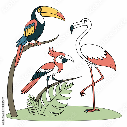 Vector art of tropical birds illustration a colorful toucan, hornbill, and flamingo perched on branches in a lush, exotic setting