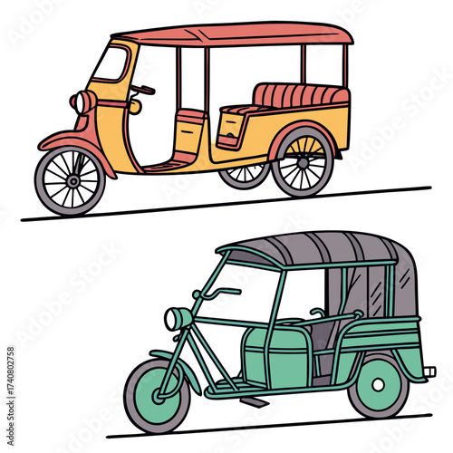 Vector art of two hand drawn tuktuks, one in yellow and orange and the other in green, are, showcasing the iconic vehicle of southeast asia