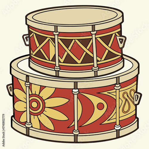 Vector art of two stacked drums, each decorated with intricate designs and patterns, creating a visually appealing and rhythmic composition