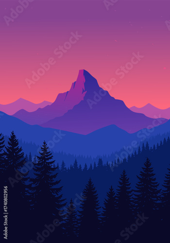 Breathtaking minimalist vector art of a serene mountain range under a colorful twilight sky, showcasing layered peaks and dark evergreen forest silhouettes