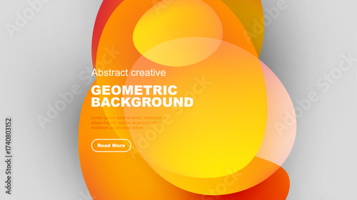 Dynamic orange, yellow shapes overlap black background. Modern design features text, button for information access.