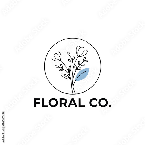 Minimalist Floral Line Art Logo with Simple Flowers and Leaf in Circle

