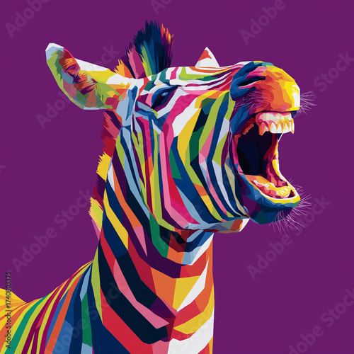 A vibrant geometric WPAP-style zebra illustration made of colorful polygonal shapes on a purple background. A bold and energetic artwork symbolizing strength, wilderness, and creativity. Perfect for p