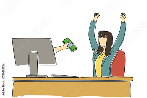 Continuous one line drawing hands out of the monitor screen while holding a stack of banknotes. Happy. Enthusiastic. Monthly bonus. Things from Screen. Single line draw design vector illustration