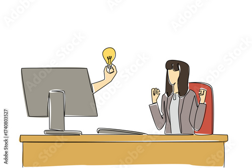 Single continuous line drawing hands out of the monitor screen while holding a bulb lamp. The joy of a brilliant idea. Solutions for business. Things from Screen. One line design vector illustration