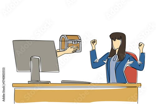 Continuous one line drawing hands out of the monitor screen while holding treasure chest. Historic discoveries for career and business. Things from Screen. Single line draw design vector illustration