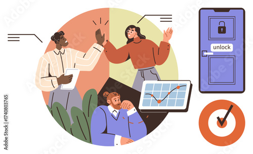 Diverse team brainstorming, celebrating success, and analyzing growth on a graph. Includes high-five gesture, growth chart, goal target, and unlocked door icon. Ideal for teamwork, strategy success