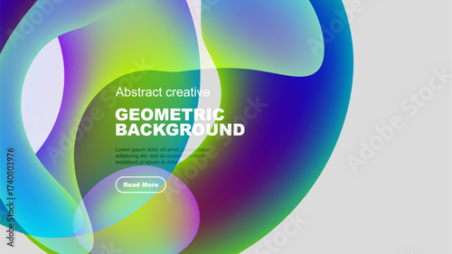 Abstract geometric background features vibrant fluid shapes, gradients. Text block present with call to action button. Modern design.