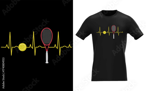 Retro tennis player heartbeat line art with racket and ball