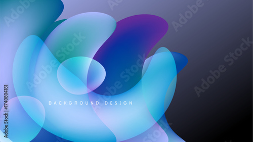 Abstract fluid shapes overlap, creating vibrant blue, purple gradients. Dark background emphasizes flowing forms, modern design element.