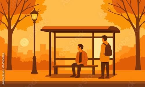 Vector illustration of two people at a bus stop in autumn city scenery with orange trees, sunset sky and street lamp. Flat design urban transport concept with seasonal atmosphere.