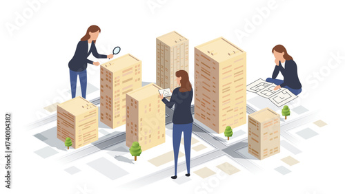 Female Architects and Realtors Working in an Isometric City. Real estate search and property analysis on city map. Concept of construction, investment. Isometric Vector illustration