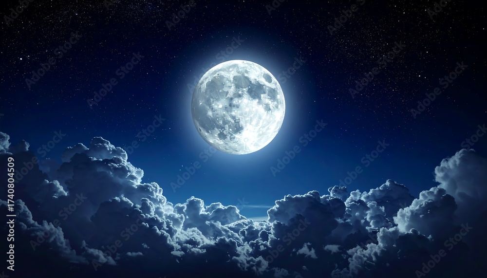 Fototapeta premium Dramatic Night Sky Scene with a Full Moon and Clouds