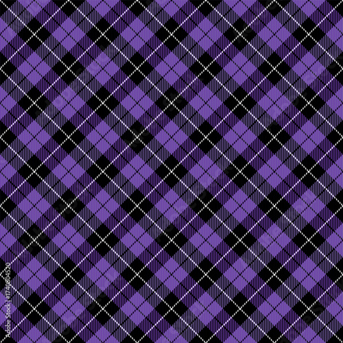 Diagonal tartan Halloween plaid. Scottish pattern in violet, black and white cage. Scottish cage. Traditional Scottish checkered background. Seamless fabric texture. Vector illustration