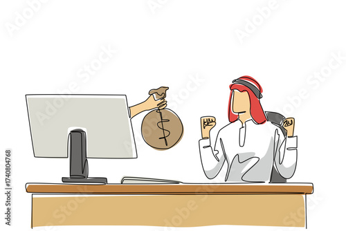 Single one line drawing hands out of the monitor screen while holding a money bag. Big bonus from the Board of Directors. Enthusiastic. Things from Screen. Continuous line design graphic illustration