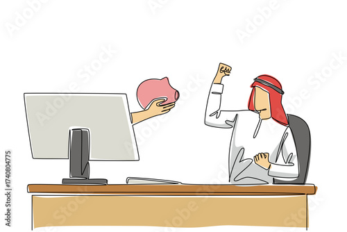 Single continuous line drawing hands out of the monitor screen while holding piggy bank. Prepare a budget to increase investment value. Savings. Things from Screen. One line design vector illustration