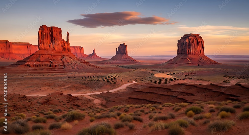 Naklejka premium Monument Valleys Majestic Buttes at Sunset - A Timeless Desert Landscape.