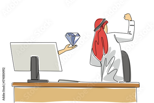 Single continuous line drawing hands out of the monitor screen while holding a diamond. Success produces luxury. Smart worker. Excited. Happy. Things from Screen. One line design vector illustration